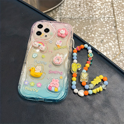 Vibrant Cartoon Phone Case - 3D Rabbit Flower Design, Transparent, Soft, Clear Candy Cover with Fruit, Duck, Love Heart, Star, Bear Chain Lanyard - Compatible with iPhone 14 Pro Max, 14 Plus, 12 Pro, 13, 11 XR