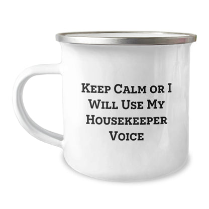 Funny Housekeeper Gifts from Friends for Housekeeper, Keep Calm Or I Will Use My Housekeeper Voice Camping Mug for Graduation - Image 1