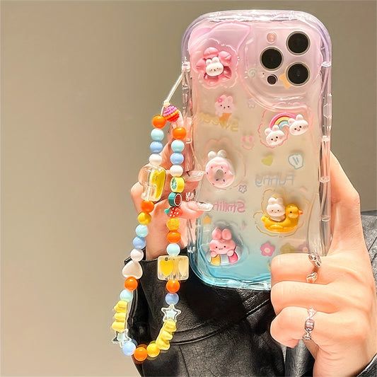 Vibrant Cartoon Phone Case - 3D Rabbit Flower Design, Transparent, Soft, Clear Candy Cover with Fruit, Duck, Love Heart, Star, Bear Chain Lanyard - Compatible with iPhone 14 Pro Max, 14 Plus, 12 Pro, 13, 11 XR