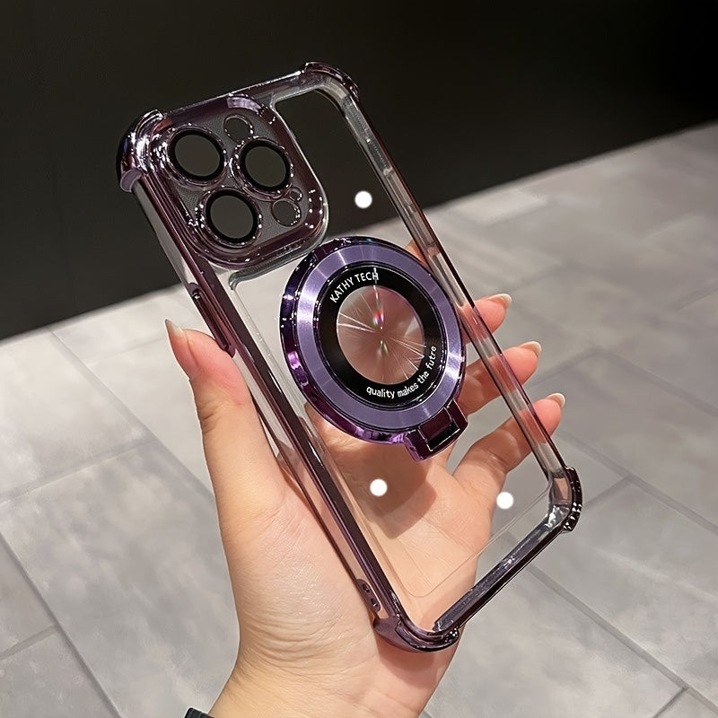 Luxury Electroplated Bracket Magnetic Suction Phone Case For IPhone 15 14Plus 13 12 11 15Pro Max Anti-drop Shell With HD Lens Film