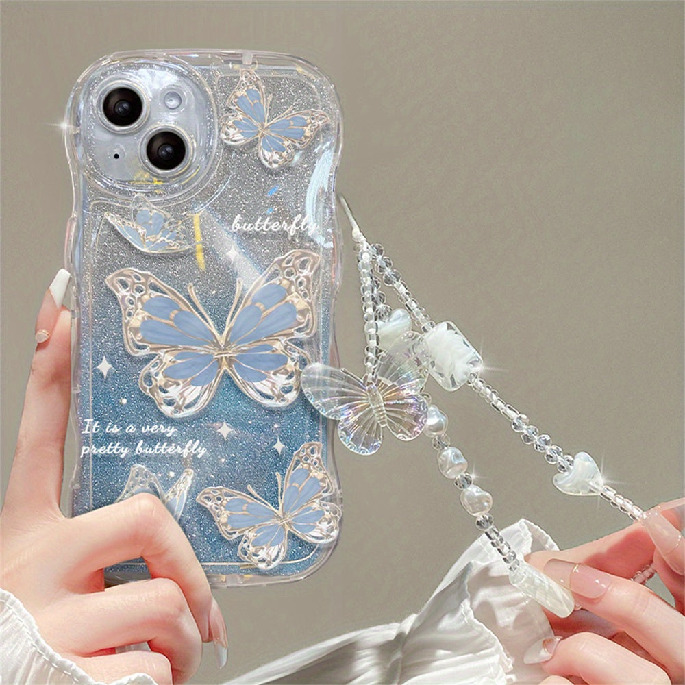 Butterfly Soft Phone Case for iPhone 14 Pro Max, 12 Pro, 13, 11 - Luxury, Romantic Wave Glitter, Clear Cover with Chain Lanyard
