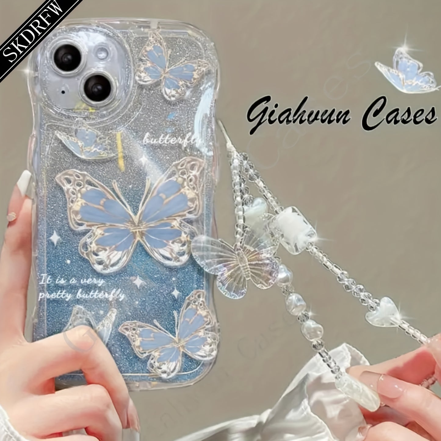 Laser Butterfly Artificial Pearl Crystal Anti-lost Bracelet Super Flash Dream Butterfly Phone Case For iPhone 14 13 12 11 Pro MAX Plus + Mini X/XS XR XSMax 7/8 7Plus/8Plus