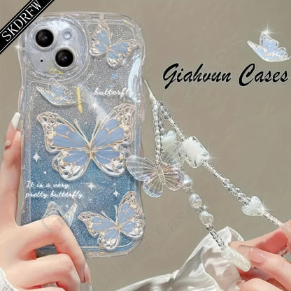 Laser Butterfly Artificial Pearl Crystal Anti-lost Bracelet Super Flash Dream Butterfly Phone Case For iPhone 14 13 12 11 Pro MAX Plus + Mini X/XS XR XSMax 7/8 7Plus/8Plus