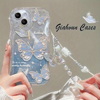 Laser Butterfly Artificial Pearl Crystal Anti-lost Bracelet Super Flash Dream Butterfly Phone Case For iPhone 14 13 12 11 Pro MAX Plus + Mini X/XS XR XSMax 7/8 7Plus/8Plus