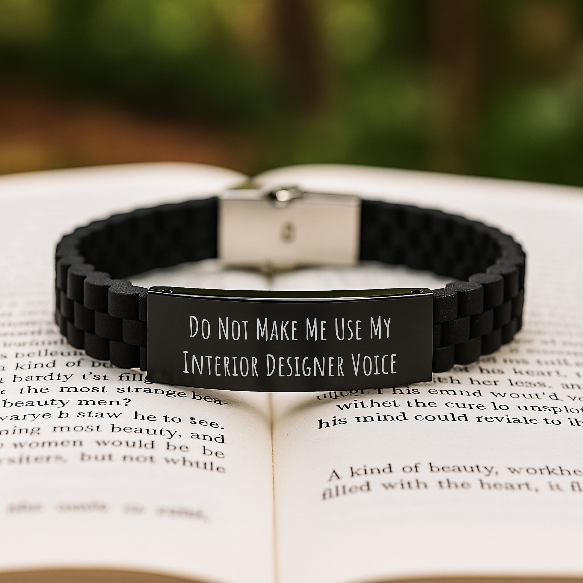 Interior Designer Gifts from Friends - 'Do Not Make Me Use My Interior Designer Voice' Glide lock Clasp Bracelet for Graduation - Adjustable Black Stainless Steel Silicone Jewelry - Image 2