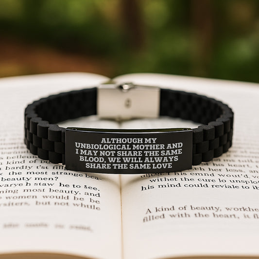Unbiological Mother Gifts Inspirational Quote Glide lock Clasp Adjustable Black Stainless Steel Silicone, Gifts from Family to Unbiological Mother for Graduation - Image 2