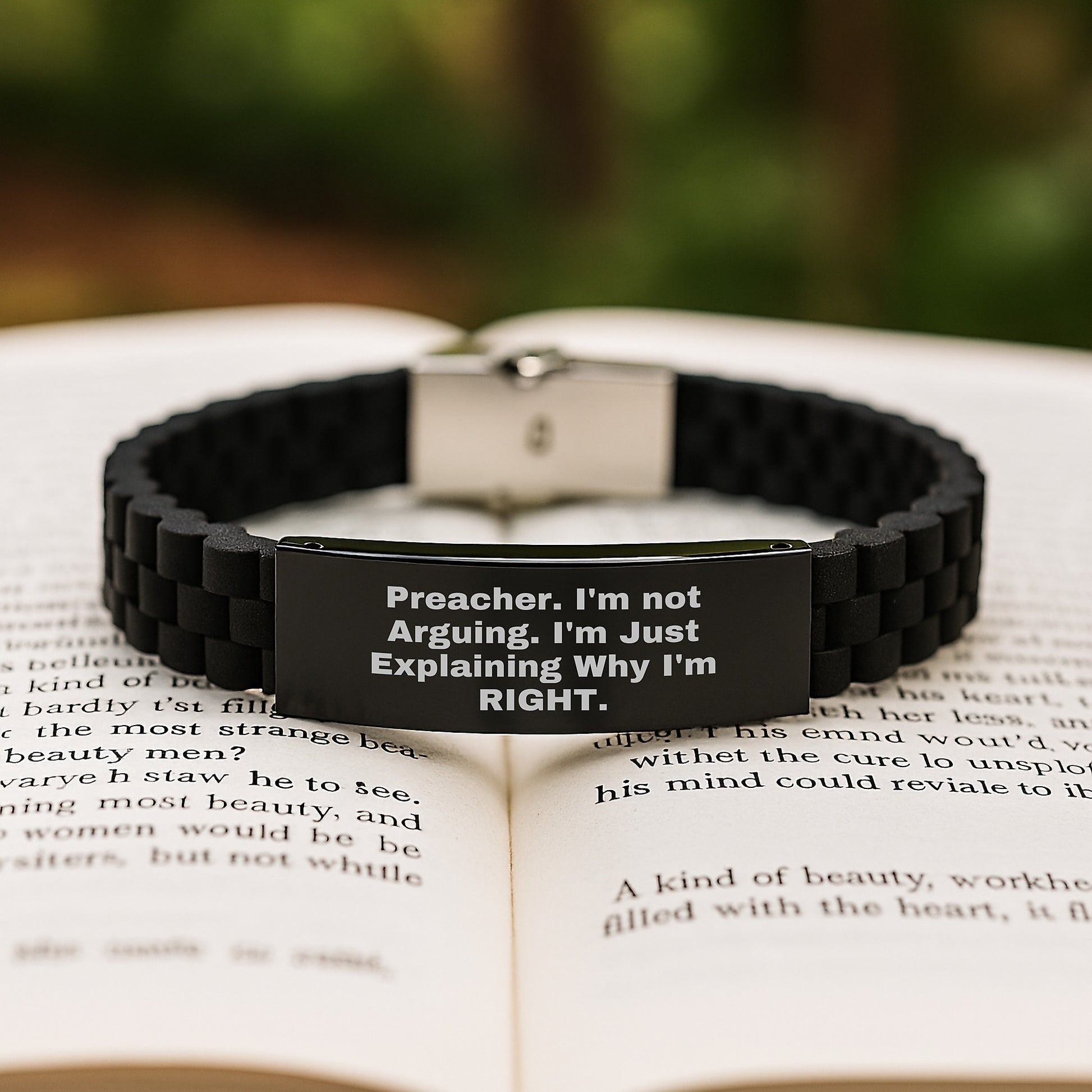 Funny Preacher Gifts, 'I'm Not Arguing, I'm Just Explaining Why I'm Right' Glide lock Clasp Black Stainless Steel Silicone Adjustable Graduation Gifts from Friends - Image 2