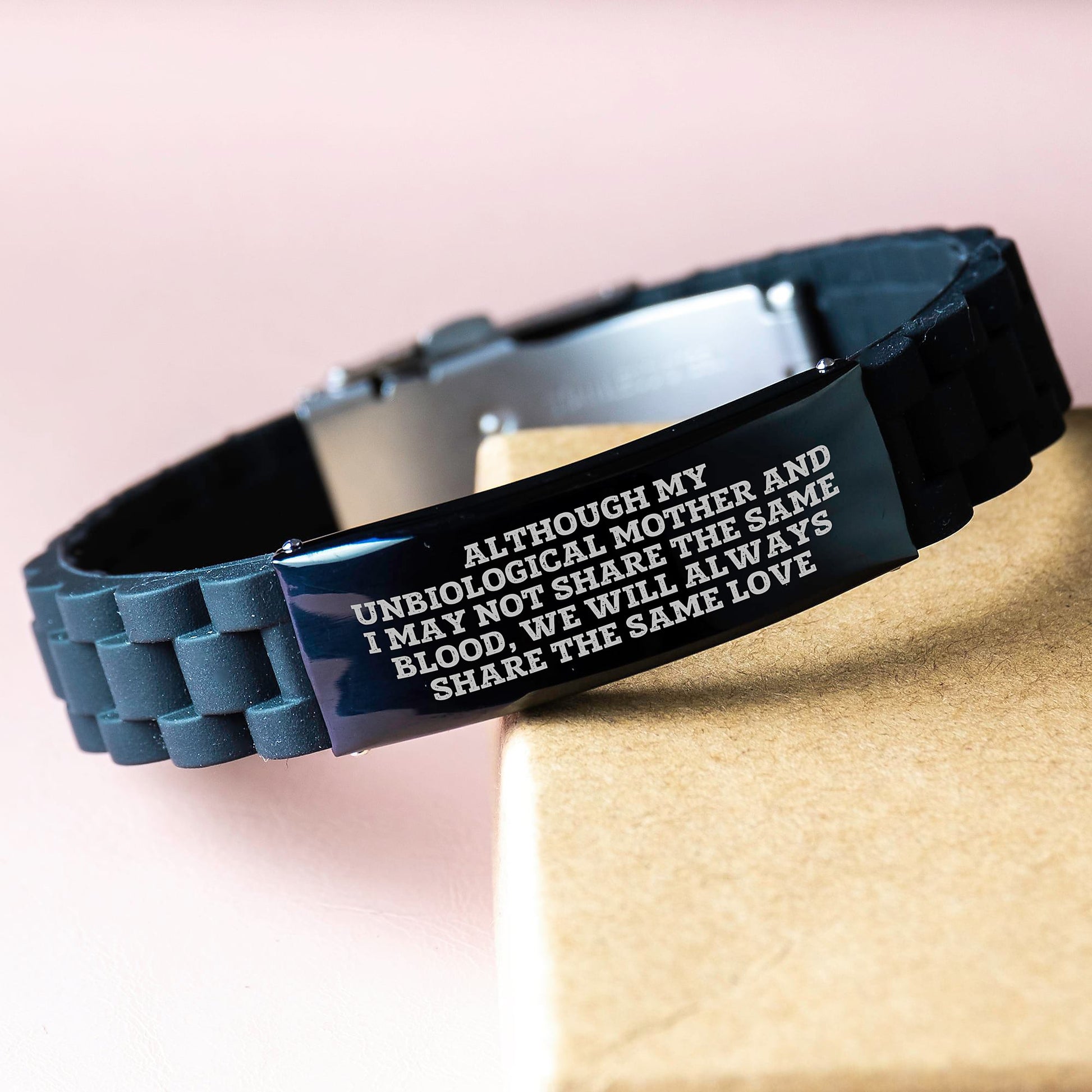 Unbiological Mother Gifts Inspirational Quote Glide lock Clasp Adjustable Black Stainless Steel Silicone, Gifts from Family to Unbiological Mother for Graduation - Image 3